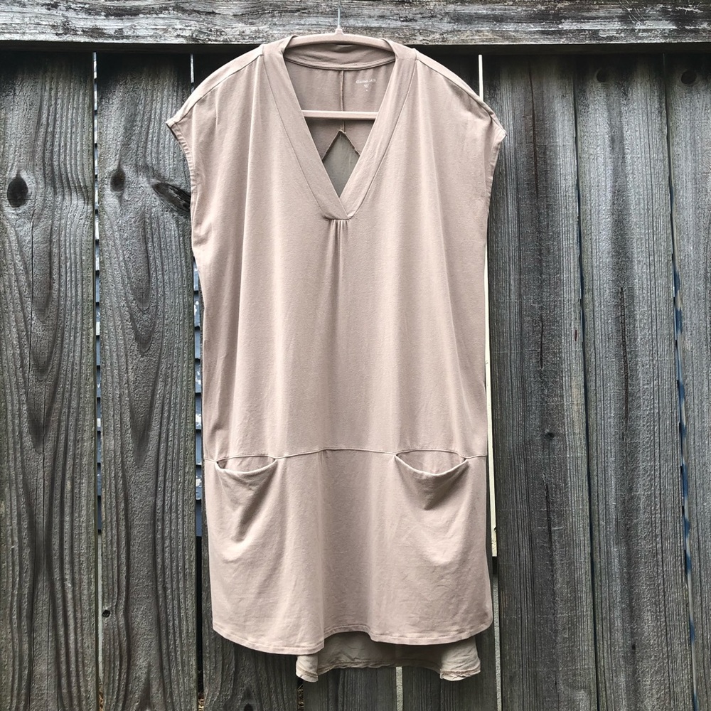 Garnet Hill Contrast Fabric Tunic Mini Dress Silk Size S Pockets Tan Beige